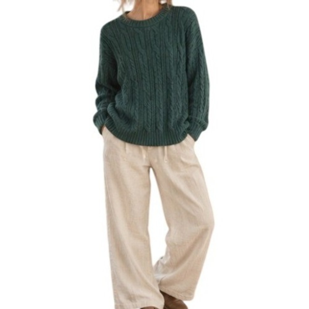 Vintage Sweater Cable Knit Large Green Cotton Crew Neck Heritage Woods Cabincore